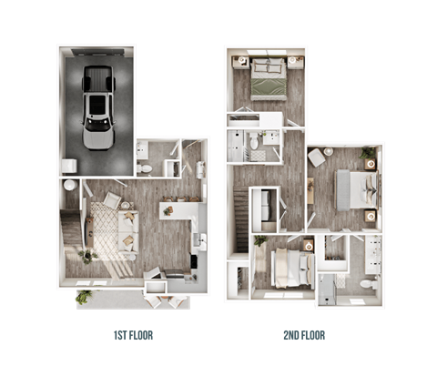 A floor plan of a two-story home with a garage on the first floor and a living area on the second floor.